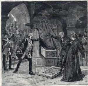 The stage of cellars in the play "Catherine of Russia" at the theatre of Cathelet Paul Ginisty and Charles Samson. Engraving in "Le Petit Parisien"