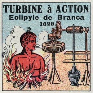 The steam machine: turbine has action. Eolipyle invented by Giovanni Branca in 1629. Anonymous illustration from 1925. Private collection.