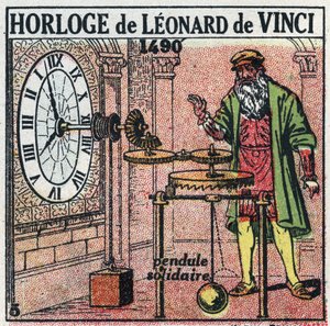 Time: weight clock invented by Leonardo da Vinci in 1490. It replaces the leaflet with a vertical balance. Anonymous illustration from 1925. Private collection. by Anonymous Anonymous