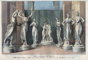 Various sculptures by Canova - The Three Graces - Hebe - The Three Graces Dancing - Venus Italica - Muse - engraving from 