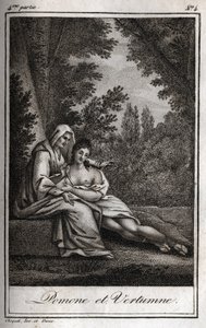 Vertumne and Pomone: Vertumne, in love with the nymph Pomone, disguises herself as an old woman to approach her. Engraving from 1819 in 