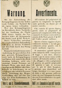 Warning After the Escape of Italian Prisoners of War on February 16th 1916