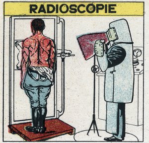 X-rays: radioscopy of a human body. The radiologist protects himself from X-rays by wearing a rubber cloth with a rubber dissolution containing lead salts, his head is covered with a cap and his hands with gloves from the same fabric.