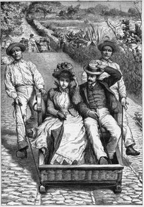 Basket Carts in Madeira 1893 - Les corinhos (carrieros) in Madeira - men guiding a seat in two places on wheels (a corinho) - engraving in 