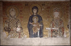 The Virgin sitting between John II Komnenos and his wife Irene of Hungary (Mosaic, 6th century)