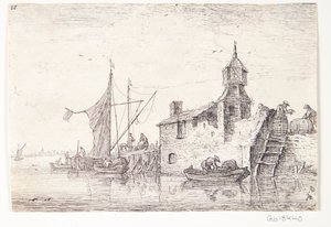 Landing Place with Building with a Tower by Anthonie Waterloo