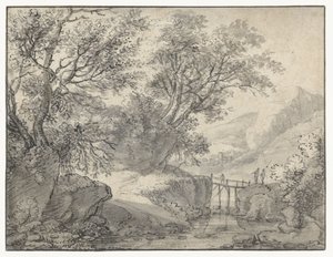 Mountain Landscape with Trees and a Bridge over a Stream by Anthonie Waterloo