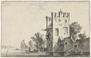 Square Tower by the Water by Anthonie Waterloo
