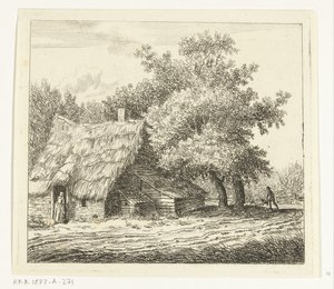 Farmhouse with Woman at the Door and a Man with Wheelbarrow on a Path by Anthonie van den Bos