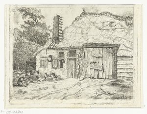 Man Sitting and Working on a Scythe in Front of a House by Anthonie van den Bos