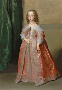 Portrait of Princess Mary (1631–1660), daughter of King Charles I of England, full-length, in a pink dress decorated with silver embroidery and ribbons