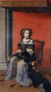 Portrait of Queen Maria Theresa, seated full length, in a jewel-encrusted black bodice with lace collar and a blue and gold skirt, on a throne