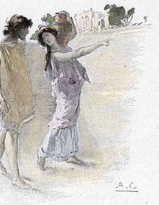 Odyssey by Homer: Odysseus helped by Athena disguised as a young girl arrives to Alcinoos