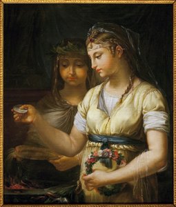 Two Vestals Preparing a Sacrifice. Painting by Antoine Francois Callet (1741-1823), Oil on Canvas