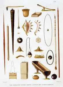 Household utensils and weapons from the Mariannas Islands, from Voyage autour du Monde, by Louis Claude Desaulses de Freycinet, engraved by Jean Louis Denis Coutant, published 1824