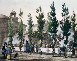 Food fryers at Pantheon during feast of St Joseph, engraving from Un an a Rome et dans ses environs (One year in Rome and in its surroundings), France