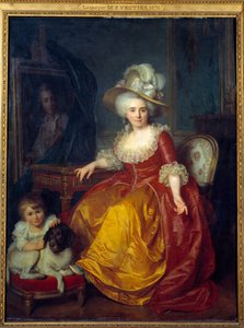Portrait of Madame Vestier (1740-1831) with a child pinching the ear of a dog