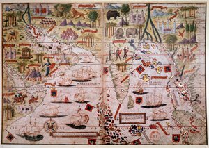 The Indes Portuguese nautical atlas. Page of the Atlas Miller manuscript made in 1519 by Pierre and Georges Reinel, Lopo Homem (cartographers) and Antoine de Hollande (miniaturist) by Antoine de Hollande