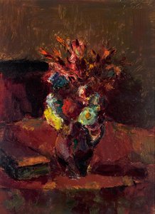 Flower Bouquet with Red Tablecloth by Anton Faistauer