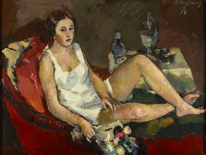 Young Woman on Red Sofa by Anton Faistauer