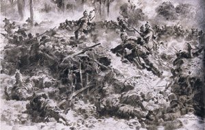 The Wuenttemberg King Grenadiers breaking through enemy placements in the Argonnes, from The Illustrated History of the World War 1914-1915 pub. by Union Berlagsefellfchaft by Anton Hoffman