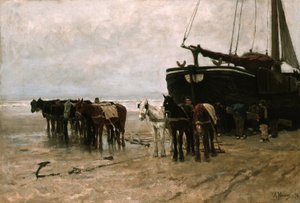 Fishing Boat with Tow Horses on Scheveningen Beach by Anton Mauve