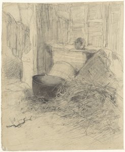Interior of a Barn with Straw and Various Objects