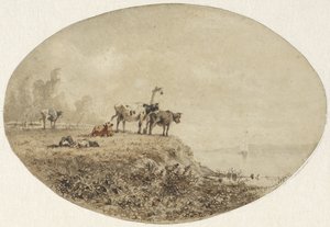 Cows by the Water, a Sailing Ship in the Distance by Anton Mauve
