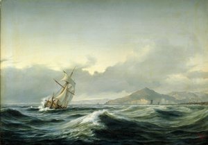 Seascape with sailing ship in rough sea. In the background a rocky coast by Anton Melbye