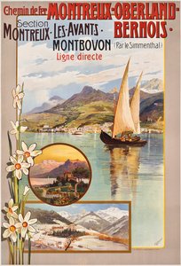 Poster advertising Montreux-Oberland-Bernois train journeys by Anton Reckziegel