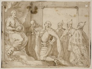 A Garbed Warrior, a Man in a Mantle and Three Doges Kneeling before the Enthroned St Mark by Antonio Aliense