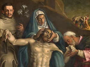 North Transept, Altar of the Deposition, Deposition of Christ supported by the Virgin and Saints Raymond and Anthony of Padua, Antonio Campi 1566, (detail)