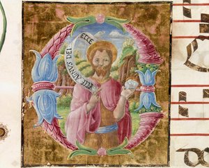 Saint John the Baptist. Lettrine illuminated by Antonio Cicognari. Detail of an antiphonary. 1483 by Antonio Cicognara