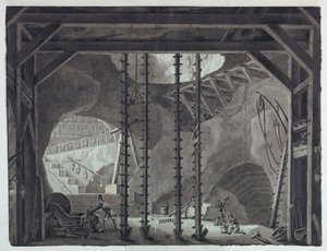 Stage Design, Men Constructing Building in Cave by Antonio Giuseppe Basoli