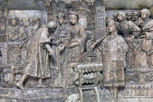 Columbus and the Catholic Kings, (detail) of Presentation of Columbus to the Catholic Kings at the Salon del Tinell in Barcelona by Antonio Susillo Fernandez