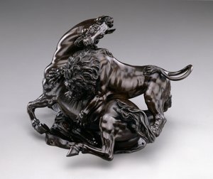 Lion attacking horse