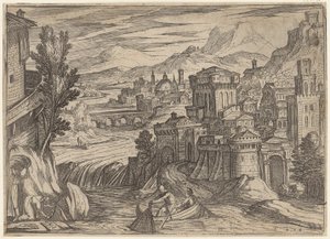 River Landscape with a City on the Right and a Fishing Boat in the Foreground by Antonio Tempesta