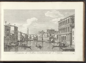 View of the Grand Canal and the Tower of San Vitale in Venice Prospectus ab Aedibus Corneliorum ad S. Vitalem (title on object) Urbis Venetiarum prospectus celebriores, ex Antonii Canal tabulis XXXVIII aere expressi ab Antonio Vissentini in partes by Antonio Visentini