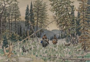 Hunters on Horseback in a Pine Forest by Apollinari Mikhailovich Vasnetsov