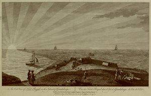A group of soldiers rest on top of a hill in the foreground, with Fort Royal beyond, sailing ships and the sun setting in the sea in the background by Archibald (after) Campbell