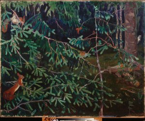 The Inhabitants of the Forest. (Squirrels in the Branches and a Bird Pecking at a Trunk). Painting by Arkadi Alexandrovich Rylov by Arkadij Aleksandrovic Rylov