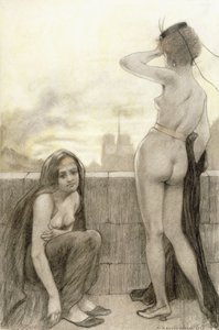 Two partially-clad women by a wall in a city by Armand Rassenfosse