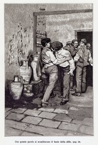 Invitation to the Sicilian duel by the mortal kiss, actually a bite in the ear. Illustration by Arnaldo Ferraguti for the new Cavalleria Rusticana by Giovanni Verga. 1897 by Arnaldo Ferraguti