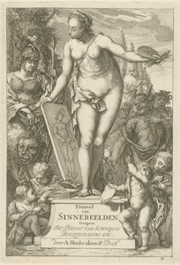 Personification of Painting on a Pedestal (Title Page of: Theatre of Emblems, Second Part) by Arnold Houbraken