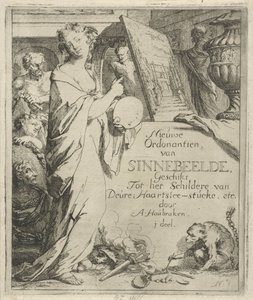 Female Figure with Palette Pointing at a Painting (Title Print of: Toneel van Sinnebeelden, Third Part, Nieuwe Ordonantien van Sinnebeelde, Suitable for Painting Door Heartslee Pieces, etc.) by Arnold Houbraken
