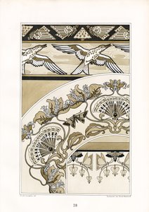 Decorative Art Nouveau Ornaments with Birds and Fan Motifs