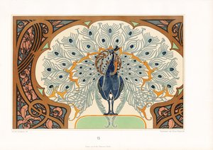 Peacock in Ornamental Framing with Art Nouveau Decoration by Arnold Lyongrün