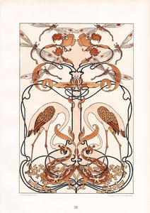 Symmetrical Art Nouveau Ornament with Dragonflies, Herons and Mythical Creatures