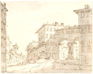 Italian Street Scene with Church on the Left and Portal on the Right