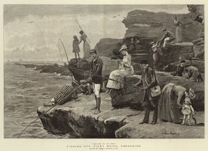 Fishing off Filey Brigg, Yorkshire (engraving) by Arthur (after) Hopkins